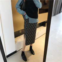 Now Linzi chic Korea Du home return early autumn fashion abstract pattern wild high-waisted straight skirt