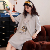 Sleeping Skirt Woman Summer Pure Cotton Korean Version Short Sleeve Cute Thin style Cartoon Loose can outwear full cotton pyjamas home clothes Home Clothing Spring Autumn