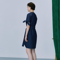 HELEN LEE Yinshang navy blue slim waist knotted ladies dress designer style