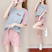 Fashion Sports Suit Womens Summer New Korean Version Loose Bump Color Short Sleeve T-Shirt Casual Broadlegged Shorts Running Suit