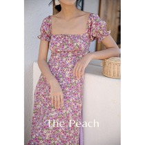 MICHELLYMO French vintage floral dress square collar waist purple oil painting style long tea break skirt