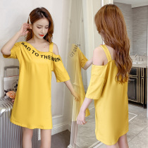 Short sleeves t-shirt girl leaked shoulder dress Han edition loose careful machine with a long shoulder long large-yard coat