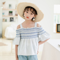 Girl Stripes lined Shoulder Road Shoulder Blouse 2022 Summer girl Lotus Leaf Side Pendant With Child Super Fairy