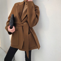 Sandro Fashiong dark caramel short wool coat women double-sided cashmere woolen coat small man