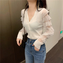 2021 Spring and Autumn New Korean Lace Splice Lantern Sleeve Knit Womens V Collar Single Breasted Long Sleeve Cardigan Top