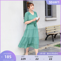 MsShe Big Code Womens Dress 2022 New Summer Dress Micro-Fat Sister V Collar Jacquard Bubble Yarn Snowspun Dress Skirt