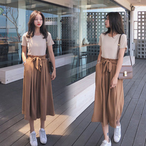 Wide leg skirt suit womens summer 2021 spring new fashion loose Korean version of net red two-piece late evening wind suit