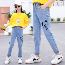 Girls  pants Spring pants Big childrens Western style loose Korean jeans Childrens clothing spring and autumn casual pants tide