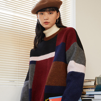 omont egg tart retro color block jacquard sweater womens autumn winter thickened loose day department lazy wind jersey