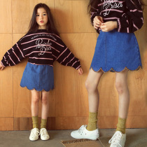 Girls Korean 2019 Spring Dress Joker Embroidery Waves Side Cowboy Skirt