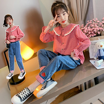 Girls spring new suit Plaid shirt jeans Two-piece set baby collar plaid long sleeve shirt jeans