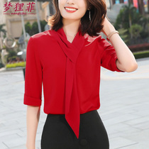 New 2021 spring and summer new temperament shirt women streamers three-point sleeve professional temperament red Chiffon shirt top