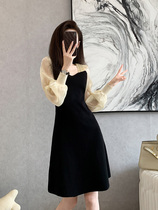 French vintage knitted dress women 2021 Autumn New temperament waist thin fragrance mosaic small black skirt