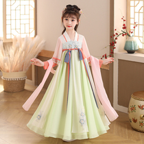 Childrens Hanfu girl costume Super fairy Chinese style light yarn fairy dress 12-year-old girl Tang dress Childrens foreign style kimono skirt