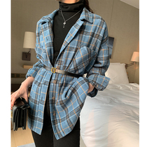  Blue plaid shirt womens autumn and winter wild retro Hong Kong style top design sense niche loose lace-up jacket