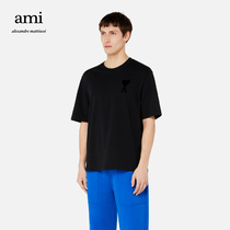 AMI Mens Classic Love Love Cotton-Solid Color Casual Fashion Simple Embroidered Round Neck Pullover Short Sleeve T-Shirt