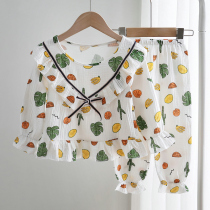 Spring and autumn childrens pajamas pure cotton cloth long-sleeved suit girls baby middle and big children bubble cotton princess home clothes thin section