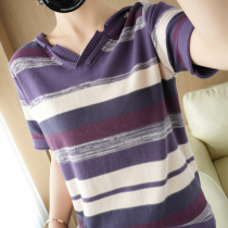 2022 Summer New Cotton Handshirt Fashion Collapse Stripe and Slim Small Sleeve T Shirt thin