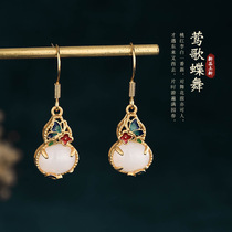 Silver Qianfang Guochao Guochao Festive Accessories Cold Enamel Gold Plated Inlaid Imitation and Tian Yuu gourd Fulu Antique Earrings Woman