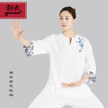 Cotton and hemp short-sleeved tai chi suit female embroidery summer sleeve horseshoe sleeve embroidery Tai Chi clothing practice performance suit Jinwu