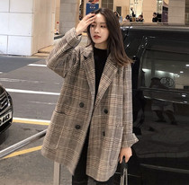  sandro moscoloni Korean version of retro plaid woolen jacket female mid-length wild suit loose and thin
