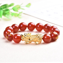 Natural red agate hand string female Vietnamese sand gold Pixiu bracelet male 3D hard gold year of life hand string jewelry couple