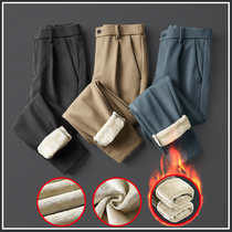 Hairy pants mens Tide brand autumn and winter plus velvet padded loose straight casual pants Korean version of the comfortable and warm trousers