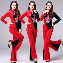 2020 new multi three needle square dance costume spring and winter golden velvet two-piece set stage performance costume competition