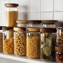 Retro glass coffee tea sealed jar Acacia wooden cover sugar tank storage tank Miscellaneous grain storage tank household