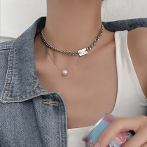 ins cold wind letter square brand titanium steel chain necklace 2021 new women light luxury stack wearing double pearl neck chain