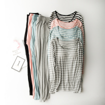 Pajamas womens autumn and winter modal long-sleeved suit with chest pad bra-free bra trousers striped home clothes