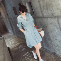 Hong Kong Tide Brand Shirt Dress Womens Waist Long 2021 Spring Summer New Vintage Stripe Temperament Short Skirt