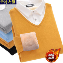 Fake two sweater mens shirt collar autumn and winter plus velvet padded shirt lead base sweater spring and autumn shirt