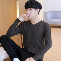 Autumn and winter thin sweater mens V-neck knitted base shirt Korean slim solid color wild trend mens line clothing