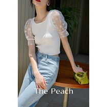 MICHELLYMO small Daisy mesh short sleeve high waist bubble sleeve knitted small top