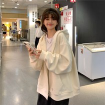 Fat mm hooded milk yellow sweater jacket womens autumn large size loose plus velvet zipper cardigan ins tide Li Ning flag