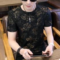 Summer new mens short-sleeved t-shirt tide brand trend ice silk Korean slim-fit silk top mulberry silk bottoming shirt