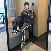 Hualun trend reflective handsome menswear set athleisure jacket 2020 popular top pants two-piece set
