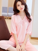 Fashion brand new womens pajamas Womens summer silk short sleeves fresh casual thin section spring and summer ice silk home clothes set
