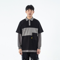 RNWL stitching Hong Kong style polo shirt mens tide brand lapel short-sleeved t-shirt womens ins tide loose national tide t-shirt mens Harajuku