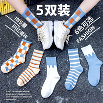 Socks female midbarrel socks Sox socks blue cotton socks spring and autumn thin autumn and winter day students streaks pile up stockings
