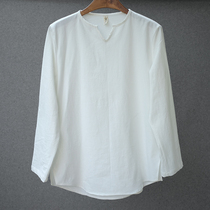 Chinese literature and art retro cotton and hemp pullover spring new mens casual long-sleeved T-shirt base shirt white shirt