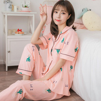 Pajamas womens summer suit two-piece cotton short-sleeved trousers plus fat plus fat mm sweet autumn loose home clothes