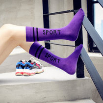 Spring and autumn thin pile socks Socks Ins Nets Red Socks Korea Academy Wind Pure Cotton Middle Stockings Two-Bar Letters Purple Socks