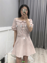 Suit woman Summer new fashion Shoulder Doll Short style High waist short dress A character umbrella dress grid Two sets