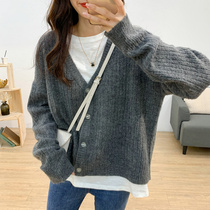 Faux cashmere V-neck long sleeve knitted cardigan womens autumn and winter New Korean Joker loose slim casual sweater coat