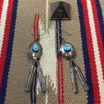 1960s United States Indiana Waho tribe natural turquoise feather Concho buckle sterling silver antique earrings female