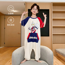 Childrens pajamas connected summer short sleeve cotton breathable sweat boy kick by boys uniform home suit