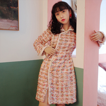 Huang Niuniu classmates original homemade color plaid hair small fragrant wind placket pearl button autumn and winter Cheongsam skirt