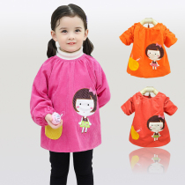 Spring autumn and winter female baby smocks corduroy long-sleeved smocks 1-2-3-4 years old childrens reverse dressing and eating clothes protective clothing